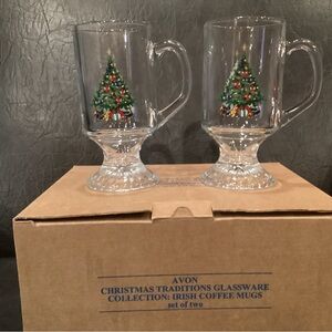 Vintage Avon Festive Christmas Tree Glass Irish Coffee Mugs